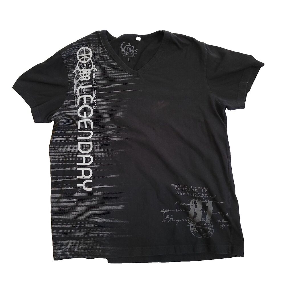 Guess T-shirt Mens Large Black Y2K Gothic Grunge Skater V-neck